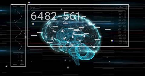 Holographic Wireframe Brain Displaying Neural Network Data and Futuristic HUD Interface