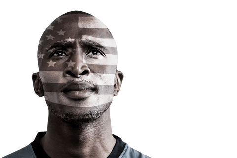 Man with american flag on face looking inspired on transparent background