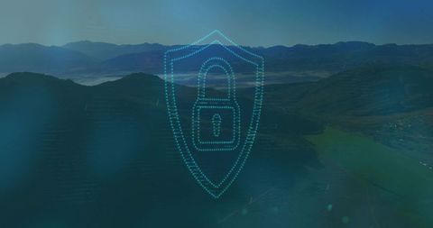 Digital security shield over misty mountain valley