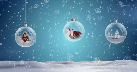 Holiday Baubles Hanging Eve Amid Falling Snowflakes