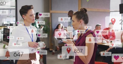 Diverse Colleagues Discussing Ideas with Social Media Notifications Overlay