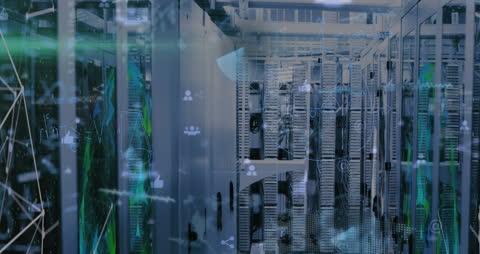 Digital Data Concepts Overlaying High-Tech Server Room