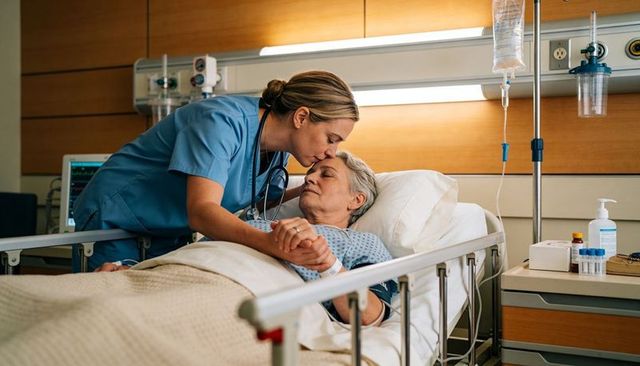 Nurse kissing forehead of elderly patient in hospital bed showing compassion and care