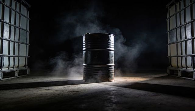 Smoking Rusty Barrel in Dramatic Warehouse Spotlight with IBC Totes and Shadows