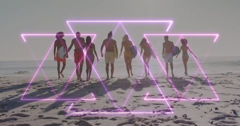 Friends Walking on Sunset Beach with Digital Graphics Overlay