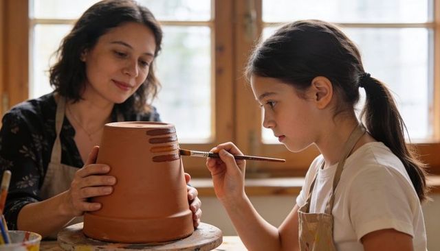 Woman guiding girl painting terracotta pot in sunlit craft studio