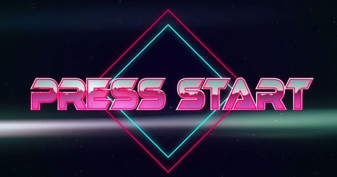 Retro Neon Press Start Sign on Abstract Starry Background