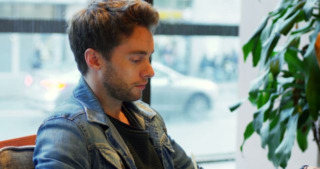 Young Man Working Near Window in Modern Cafe - Download Free Stock Images Pikwizard.com