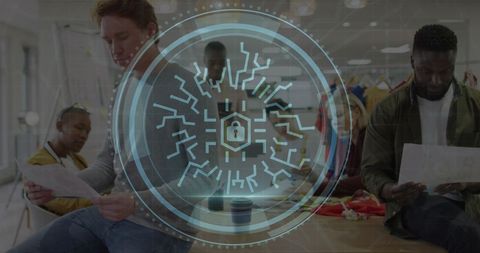 Creative Fashion Designers Collaborating with Cybersecurity Overlay