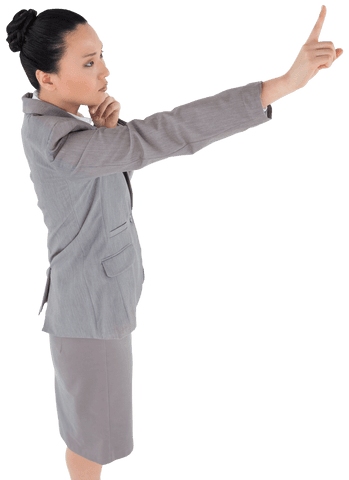 Thoughtful Asian Businesswoman Gesturing Upwards on Transparent Background