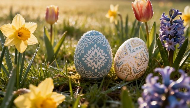 Ornate hand-painted easter eggs nestling in dewy spring meadow with daffodils and tulips