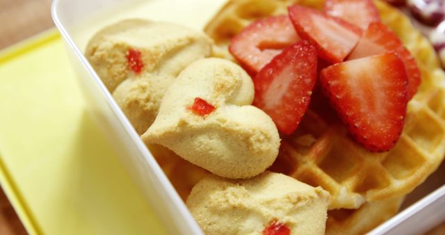 A plate of heart-shaped cookies and waffles topped with fresh strawberry slices, with copy space - Download Free Stock Photos Pikwizard.com