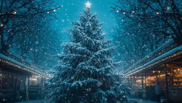 Majestic Snow-Covered Christmas Tree at Festive Market