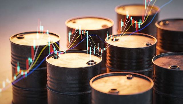 Crude oil barrel cluster with candlestick charts showing market volatility and trends