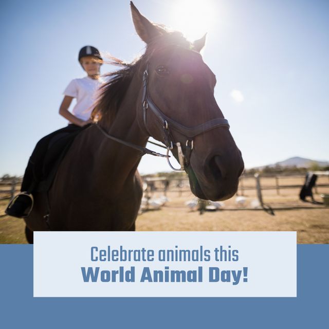 Young girl happily riding a horse under sunny skies highlighting World Animal Day. Ideal for promotions and campaigns focused on animal rights, pet care, and children's involvement with animals. Useful for social media posts, awareness efforts, and educational materials advocating for animal companionship and outdoor activities.