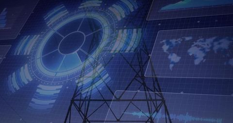 Lattice tower rising on digital grid, projecting radial hud and world data overlays