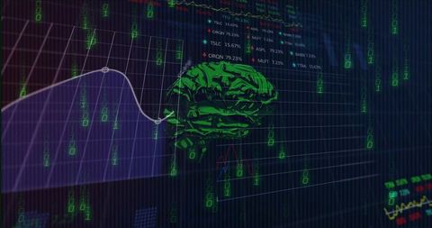 Neon green hologram brain rotating over data analytics dashboard with binary matrix