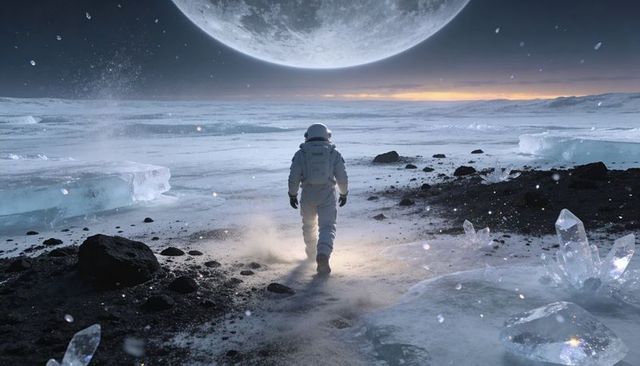 Astronaut Walking Across Frozen Alien Plain Toward Giant Moon at Dusk With Crystalline Ice
