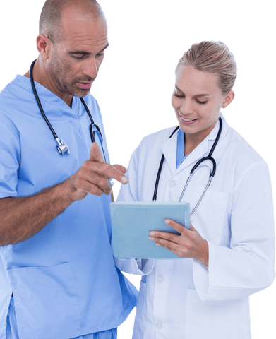 Transparent medical team discussing using tablet technology