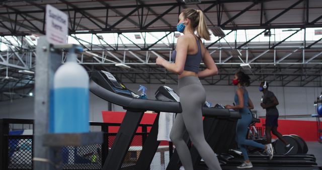 Gym-goers exercise on treadmills with masks, adhering to pandemic protocols. - Download Free Stock Photos Pikwizard.com