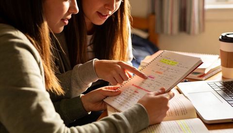 Sunlit college students studying together over spiral-bound notebook and laptop at dorm desk