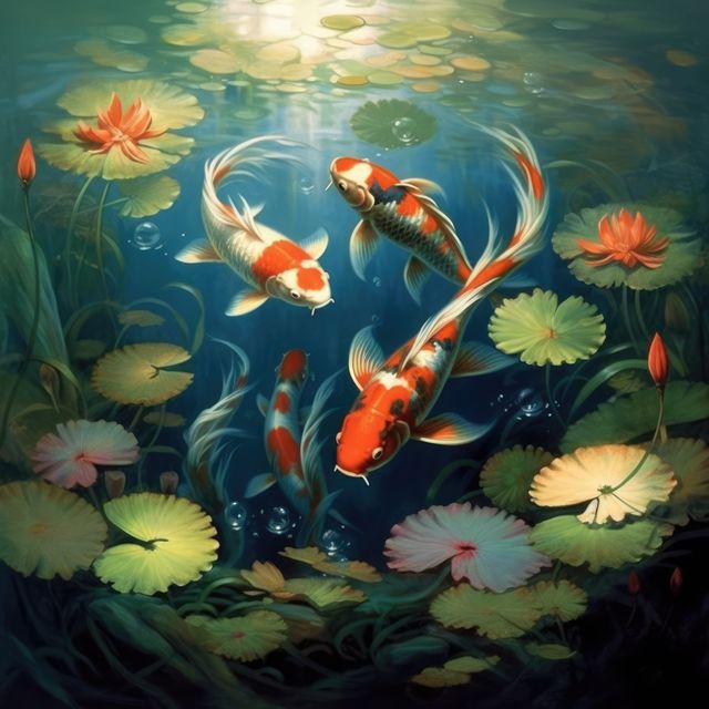 Artistic representation of colorful koi fish swimming in a tranquil pond beneath water lilies. Perfect for nature and aquatic-themed decorations, backgrounds, and wall art. Ideal for promoting relaxation, peace, and serenity in various media outlets.