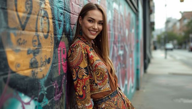 Urban fashioned leaning model by graffiti wall in bohemian clothes