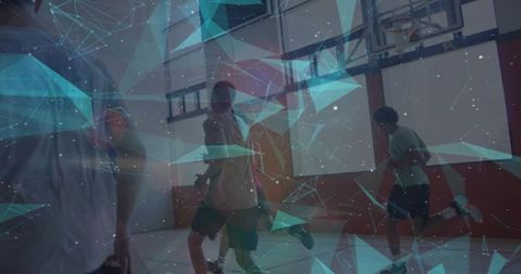 Athletes Dribbling Basketball in Dynamic Modern Sports Arena