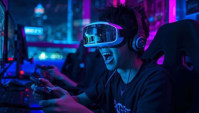 Asian gamer wearing vr headset shouting while playing controller in neon esports arena