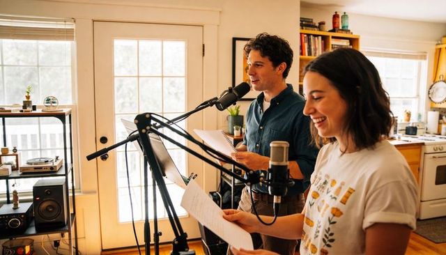Young couple recording vocals at home studio singing duet into condenser microphones