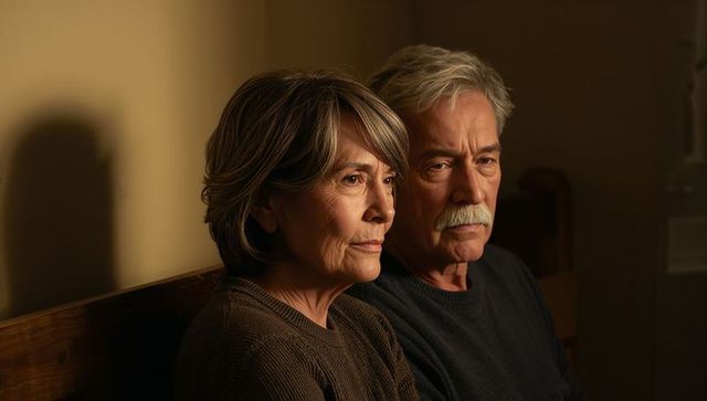 Thoughtful senior couple sitting on wooden bench under warm amber light