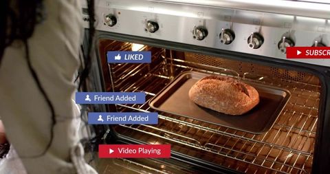 Baking artisan loaf in smart oven while livestreaming with social media notifications