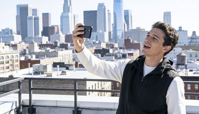 Young man taking rooftop selfie with downtown skyline, urban lifestyle
