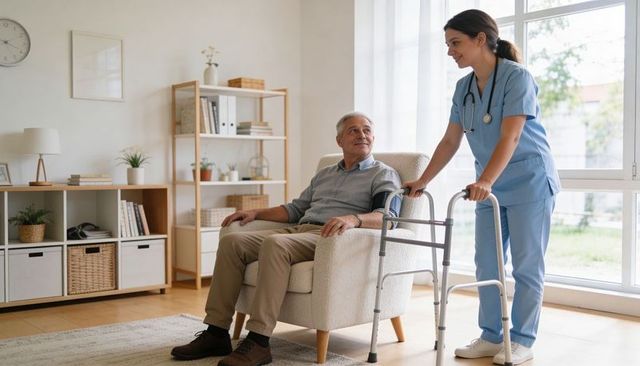 Nurse assisting senior man with walker in bright home care living room
