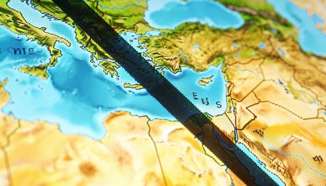 Displaying digital topographic map with pixel moiré and dark diagonal screen glitch