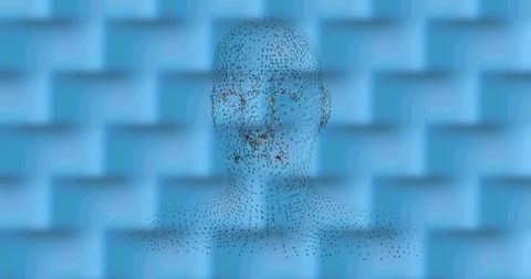 Digital Human Face Model Spinning Against Blue Background Pattern - Download Free Stock Images Pikwizard.com