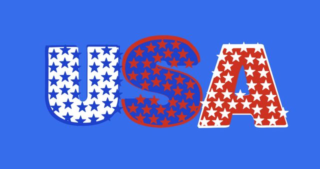 Patriotic illustration features USA text filled with stars pattern in red, white, and blue colors. Ideal for use in Independence Day promotions, American-themed events, Fourth of July celebrations, patriotic design projects, marketing materials, and educational content.