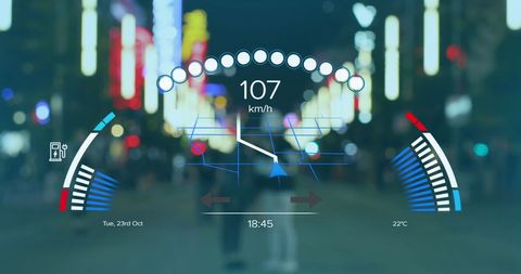 Futuristic digital electric car speedometer display over city skyline