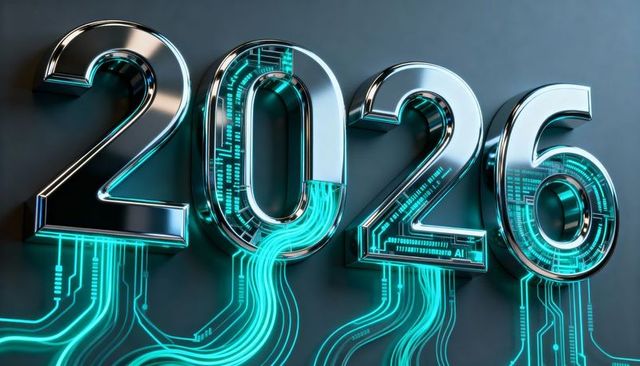 Chrome 2026 numerals with glowing teal circuit traces conveying futuristic ai technology