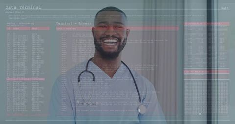 Smiling doctor with terminal code overlay symbolizing healthcare technology
