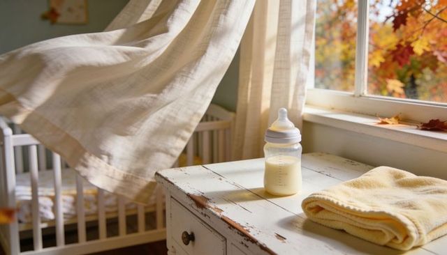 Sunlit nursery corner with baby bottle on vintage white dresser and cozy yellow blanket