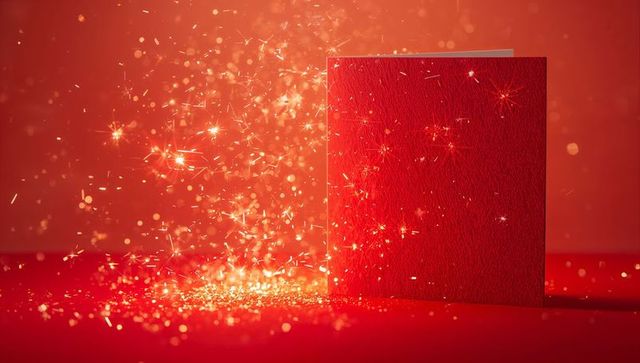 Red textured card with golden glitter sparkle, festive greeting card mockup for holidays