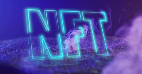 Neon 3D NFT Outline Letters on Glitter Surface with Purple Smoke and Futuristic Vibes