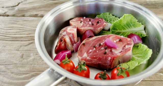 Raw Meat and Fresh Vegetables in Stainless Steel Cookware - Download Free Stock Images Pikwizard.com