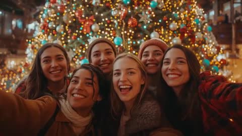 Smiling Friends Taking Joyful Holiday Selfie at Festive Market