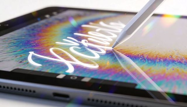 Stylus writing hello on iridescent tablet screen with glossy rainbow reflection closeup