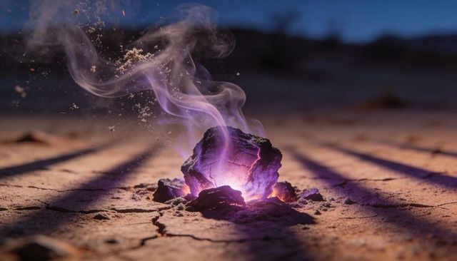 Glowing meteorite emitting purple smoke on cracked desert plain at dusk