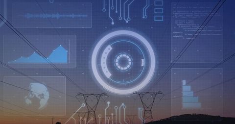 Futuristic hud overlay with power towers at dawn