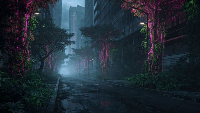 Neon vines reclaiming misty urban avenue, bioluminescent overgrowth on wet cracked road
