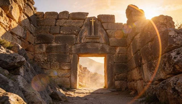 Sunlit ancient stone gateway with triangular lintel and dusty mountain path